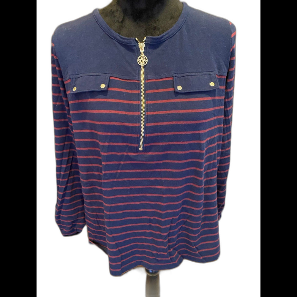 Anne Klein Petite XL Classy Navy Striped Gold‎ Zipper Dressy Blouse Top